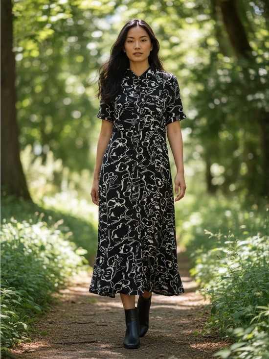MELLODAY Dresses & Skirts - MELLODAY Black & White Floral Abstract Print Midi Shirt Rayon-Linen Blend Dress